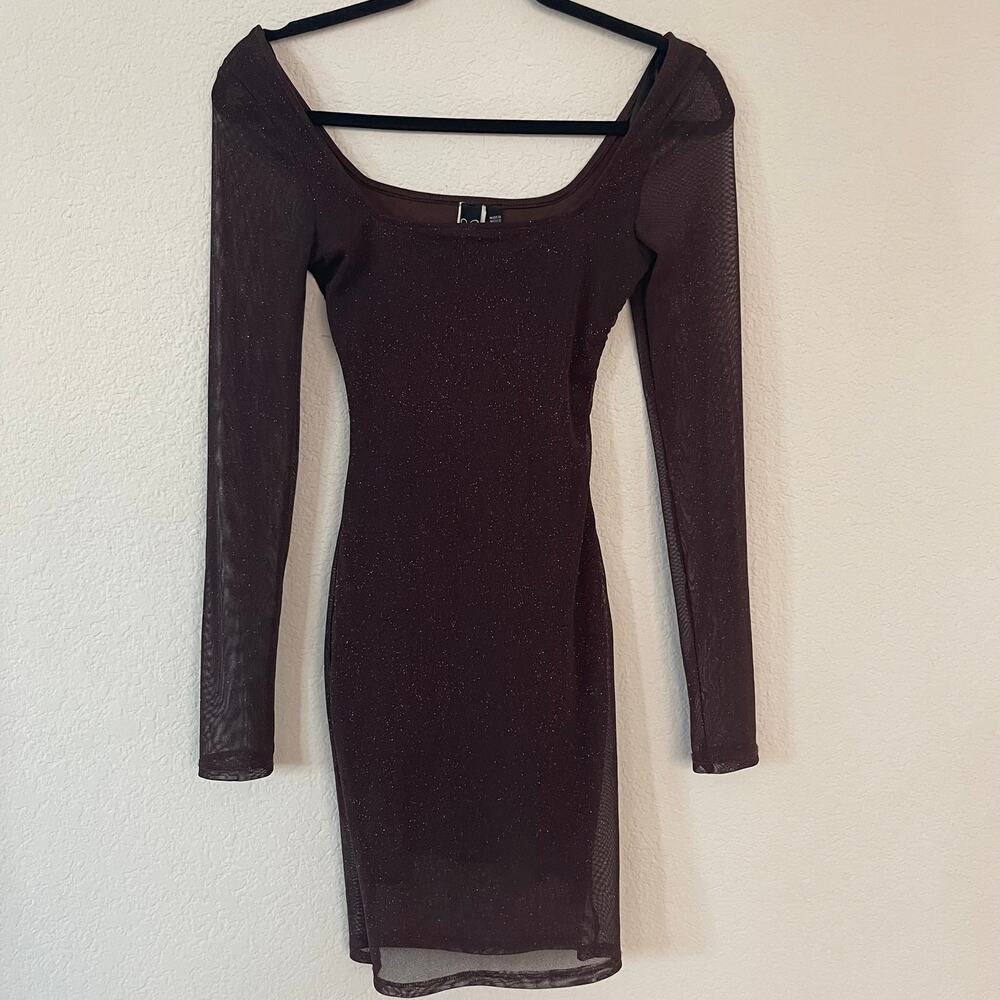 Windsor Party Time Brown Glitter Mesh Long Sleeve Bodycon Mini Dress Size Small
